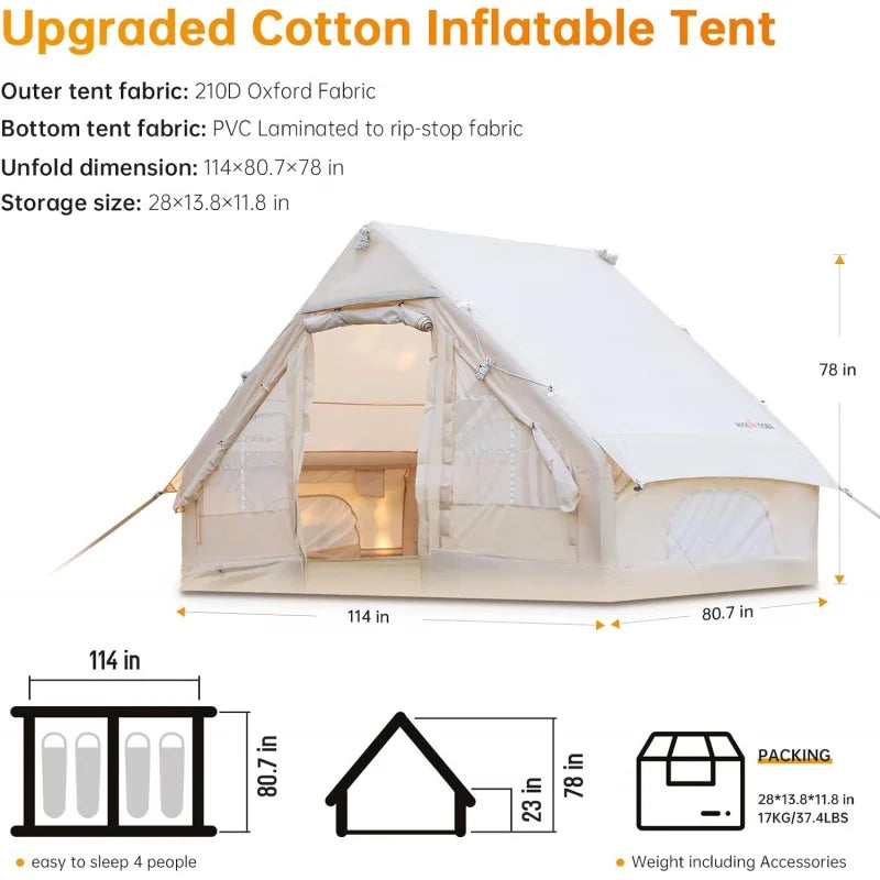 Inflatable Camping Tent, 4 person Luxury Cabin Tent