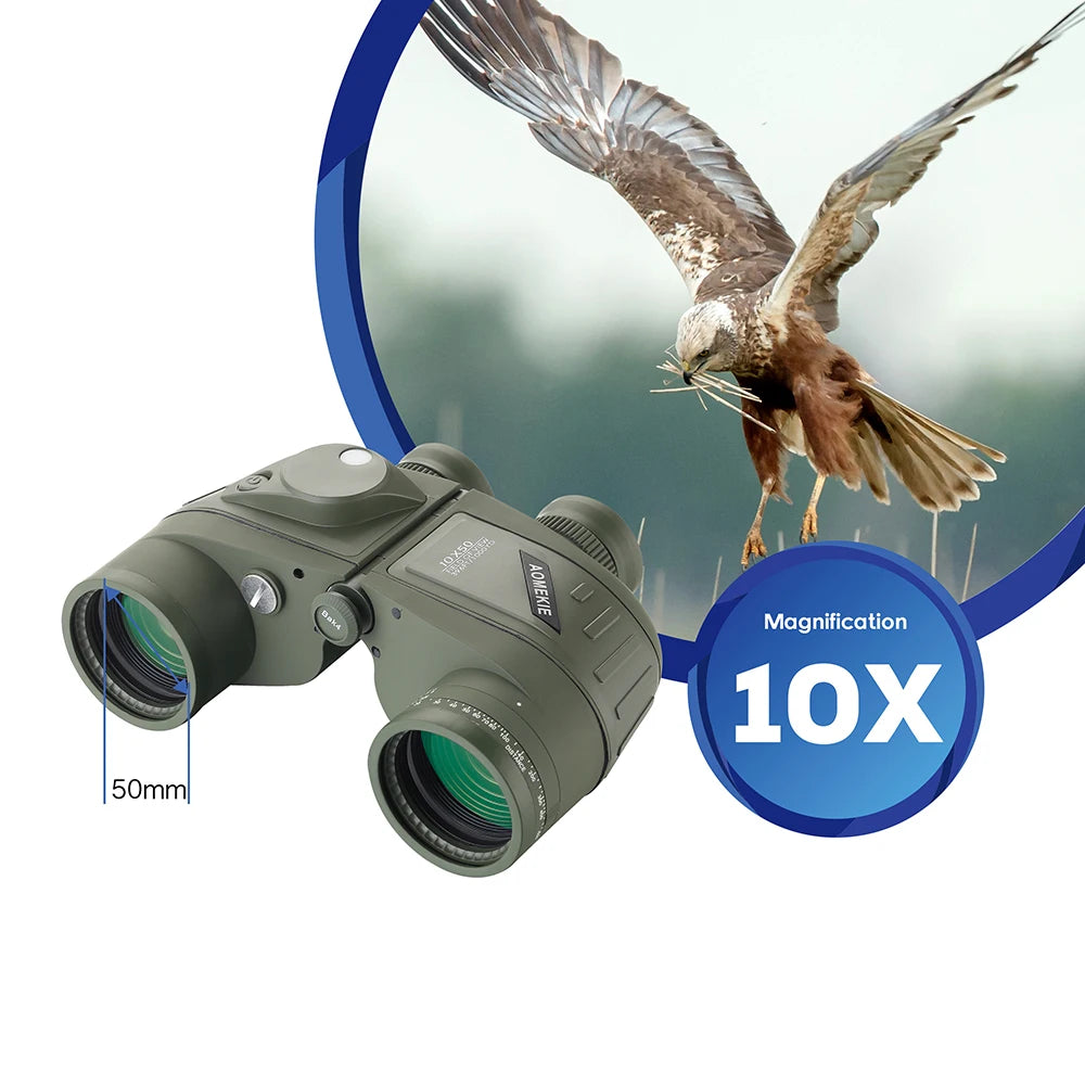 Marine Binoculars 10x50 Waterproof Binoculars with Rangefinder Compass BAK4 Prism FMC Lens for Birdwatching Hunting Boating