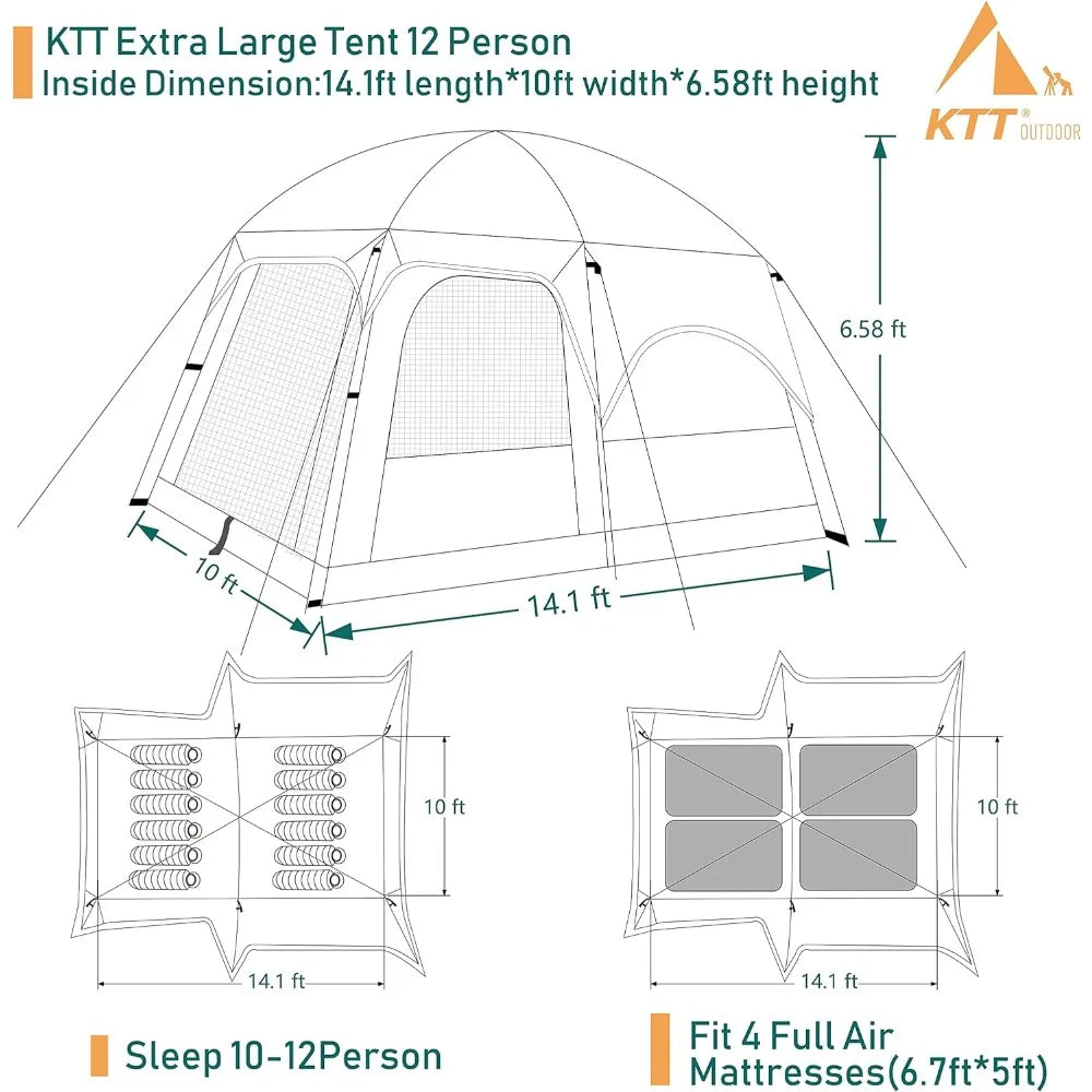 KTT Extra Large Tent 10-12 Person(B),Family Cabin Tents,2 Rooms,3 Doors And 3 Windows